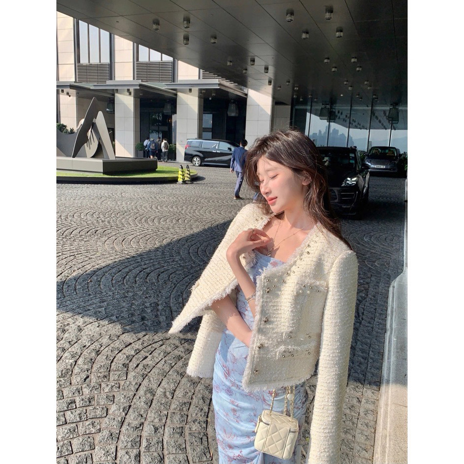 Heavy Beaded Wool Tassel Chanel-Style Jacket for Women Versatile Personality Short Long-Sleeve Warm Tweed Top