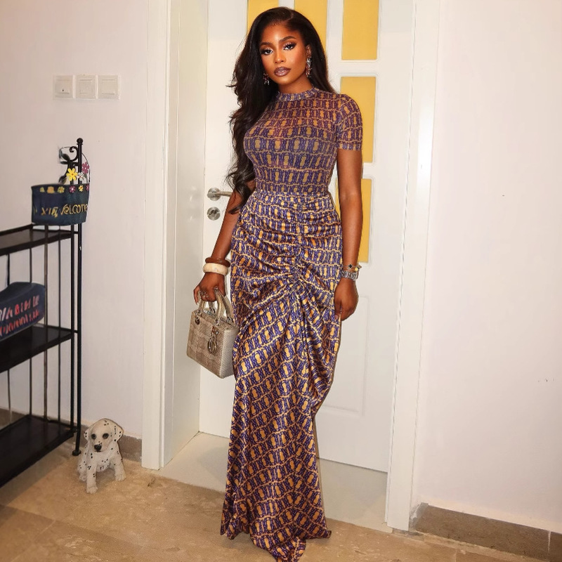 African Plus-Size Women's Elegant Mid-Length Dress European and American Short-Sleeved Pleated Party Evening Dress Long Dress for Women