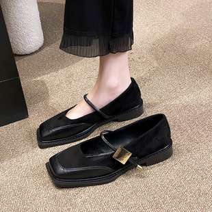French Style Retro Flat Bottom Grandma Shoes Women's Shallow Mouth Design Sense Color-matching Square Head Elegant Mary Jane Shoes Women