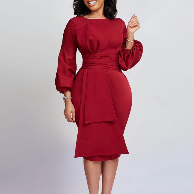 Women's Sheath Dress Fashion Round Neck Pleated Long Sleeve Solid Color Maxi Long Dress Daily display picture 2