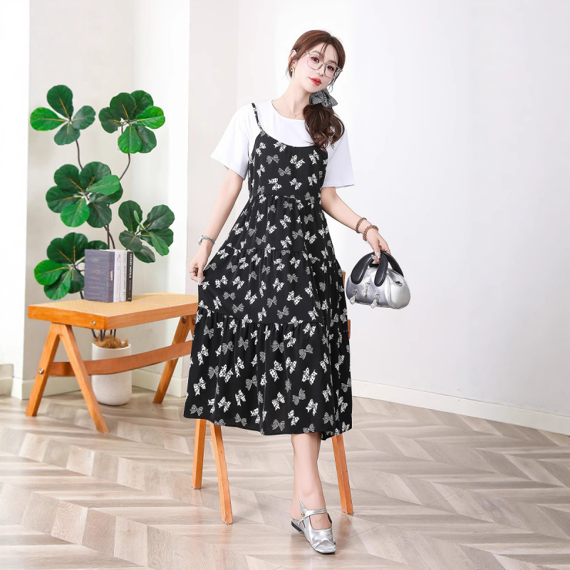 Plus Size Pregnant Women's Dress 2025 Summer New Women's Lazy Wind Contrast Color Fake Two-piece Floral Printed Nursing dress
