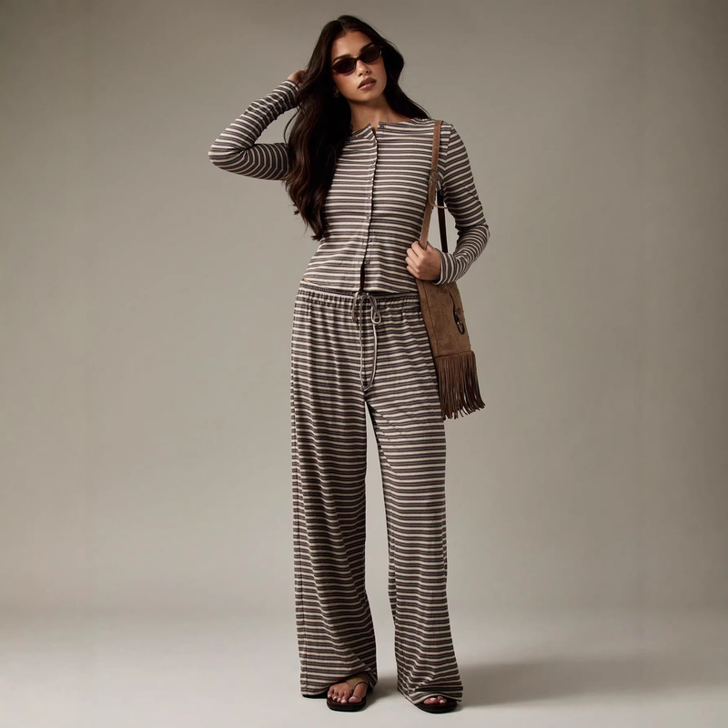 Amazon European and American Cross-Border Autumn Women's New Striped Single-Breasted Knitted Long-Sleeve Long Pants Two-Piece Cardigan Set Amazon European and American Cross-Border Autumn Women's New Striped Single-Breasted Knitted Long-Sleeve Long Pants Two-Piece Cardigan Set