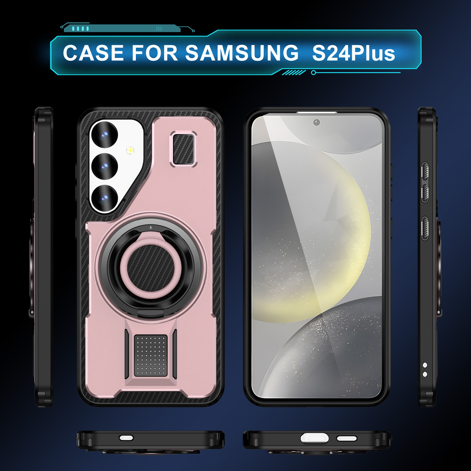 New S24 PLUS Mobile Phone Case Full PC TPU Built-in Silicone Soft Ring 360 Rotating Bracket S24