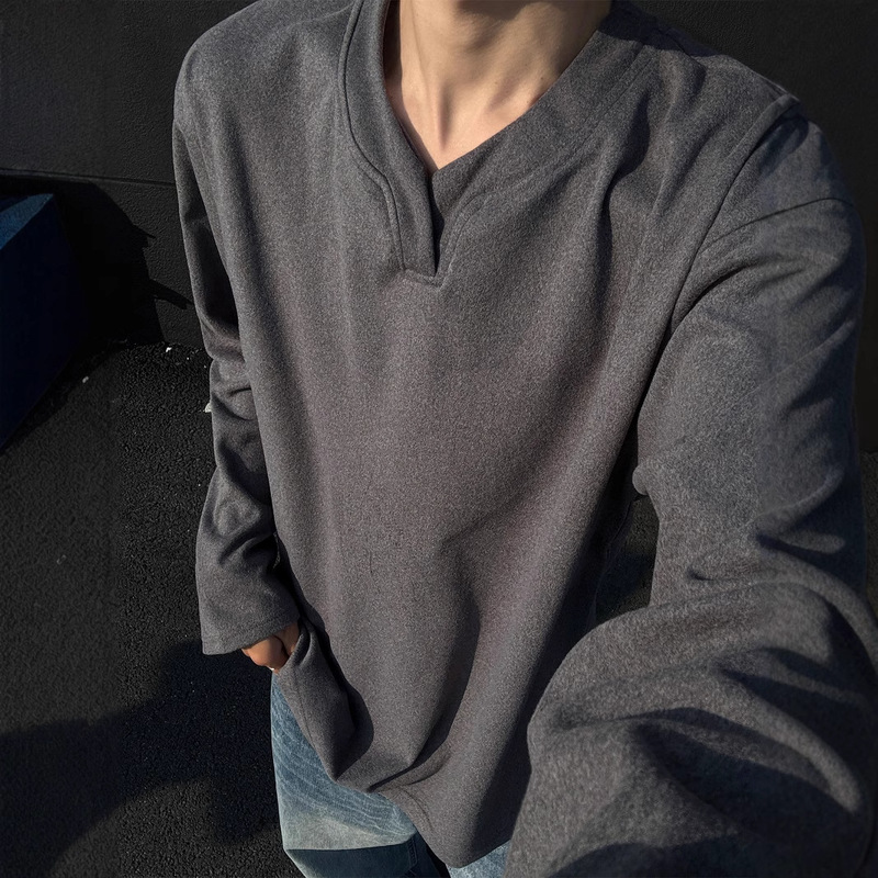 280g Heavy Velvet V-neck Long Sleeve T-shirt Men's Fall/Winter cleanfit American Fashion Brand Base Shirt Sweater