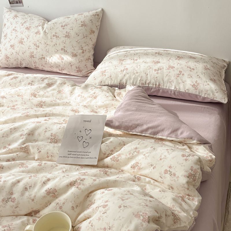 All-Cotton Double-Layer Yarn Bed Four-Piece Set, Fresh Pure Cotton Bed Sheet and Fitted Sheet, 2025 New Light Luxury Duvet Cover Bedding