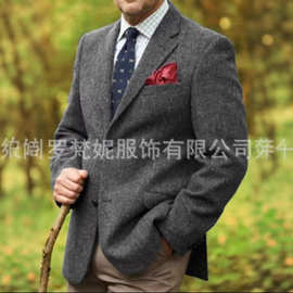 跨境男士商务休闲西装外套人字纹晚会修身秋冬款商务人字纹西服