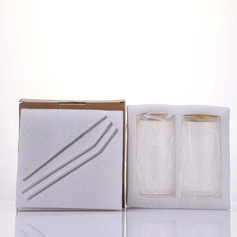 Amazon Cross-border 16oz taza de coco cubierta de bambú taza de pajita de vidrio de borosilicato de alto valor logotipo de impresión de taza de agua transparente de alto valor