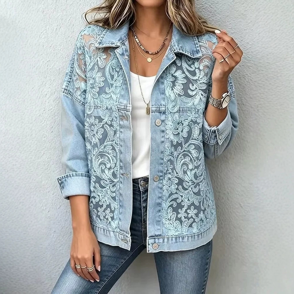 Exclusive for cross-border sales: 2026 new European and American style loose lace patchwork short denim jacket, a bestseller on Amazon independent sites