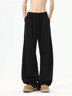 Black American-Style Curved Sweatpants for Men, Summer Drape Straight Wide-Leg Pants, Trendy Loose Sports Casual Long Pants