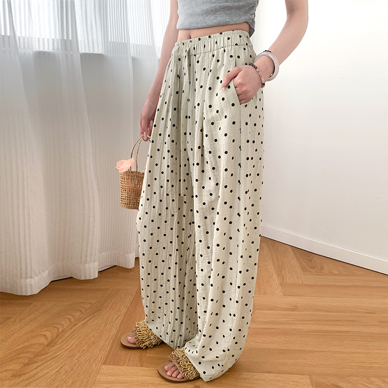 Linen Polka Dot Wide Leg Women's 2025 Summer Thin High Waist Loose Lazy Small Polka Dot Casual Tencel Floor Mopping Pants
