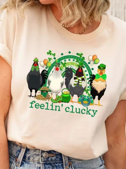 Aliexpress Cross-Border Interesting Chicken St. Patrick's Day Clover Fashion Printed Pullover T-Shirt Pure Cotton