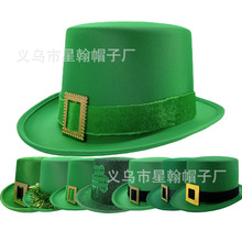 跨境帽子专供高帽三叶草装饰绿色爱尔兰帽圣帕特里克节日帽林肯帽