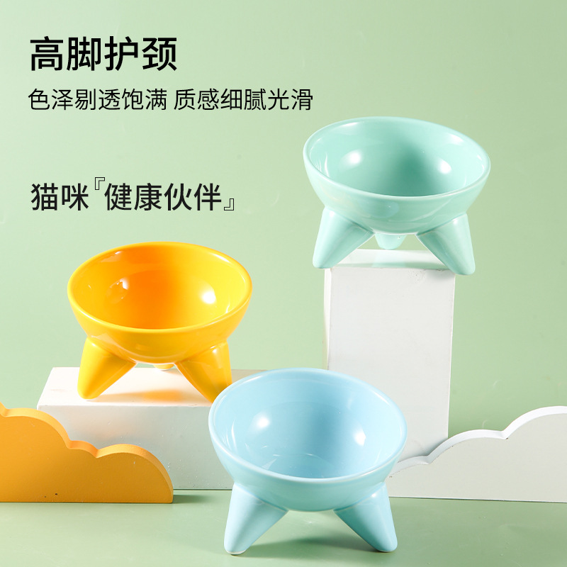 Tazón para gatos Tazón de comida para gatos de cerámica Pies altos, cuello oblicuo, barbilla anti-negra, tazón de arroz para gatos, anti-volcado, tazón de agua potable para perros al por mayor