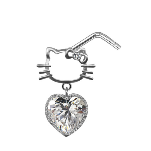 European and American cross-border cute hollow diamond cat head nose nail heart-shaped zircon nose ring stainless steel nose piercing jewelry
