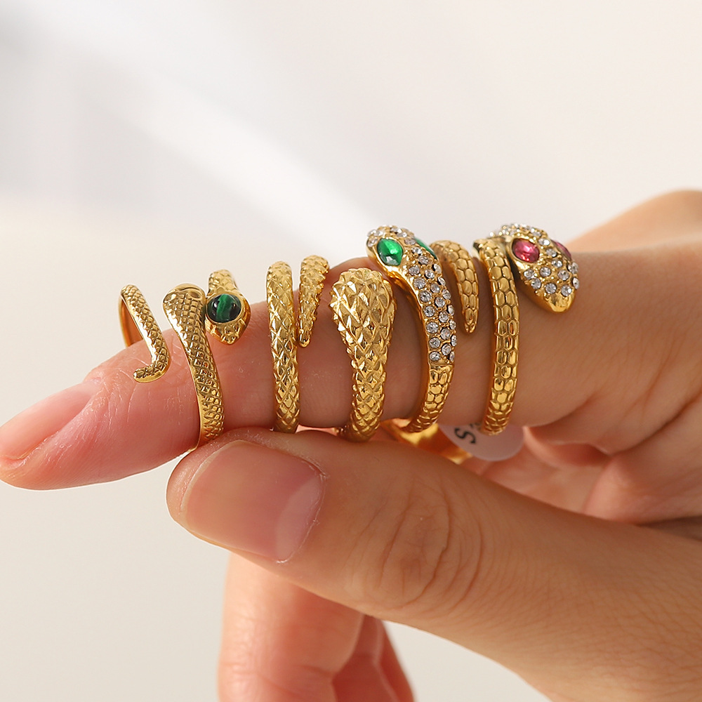 Vintage Style Snake Stainless Steel Plating Artificial Diamond Open Ring