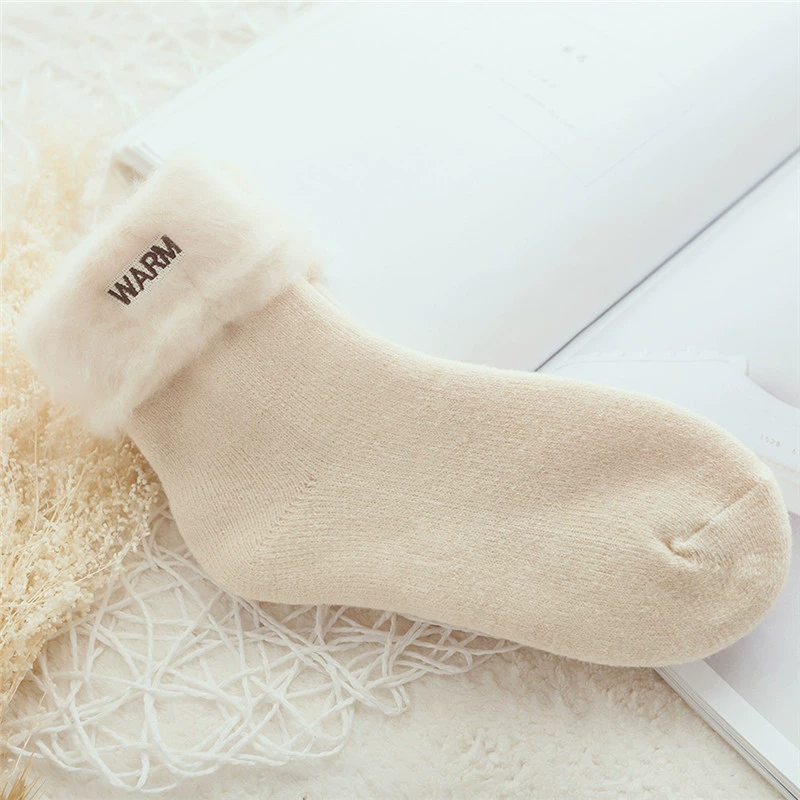 Warm knee socks with plush fur cuff and embroidery, mid-length, assorted colors