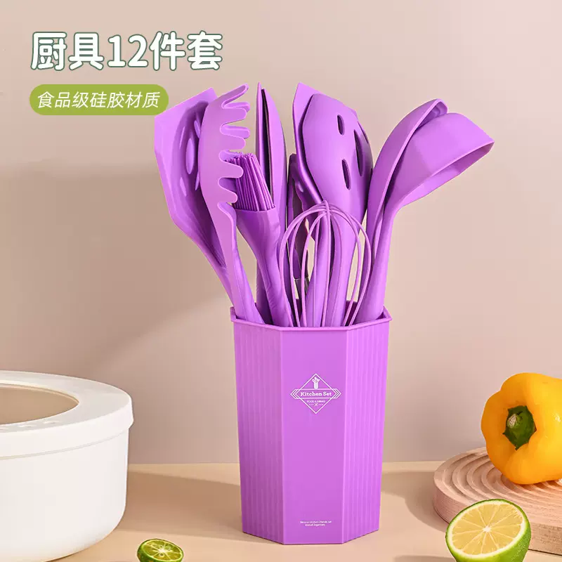跨境硅胶厨具12件套厨房不粘锅木柄硅胶铲勺炒菜套装家用烹饪用具