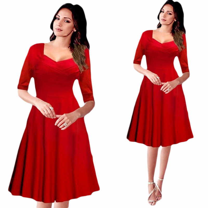 跨境货源亚马逊复古50S女装中袖V领弹力修身蓬蓬大摆连衣裙礼服