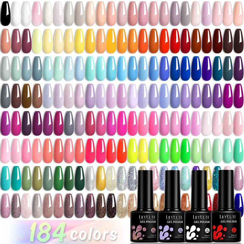 Lilycute Cross-Border Popular Color 184-Color Full Set of Nail Polish Glue Set Manicure Solid Color Glitter Glue Ready for Sale