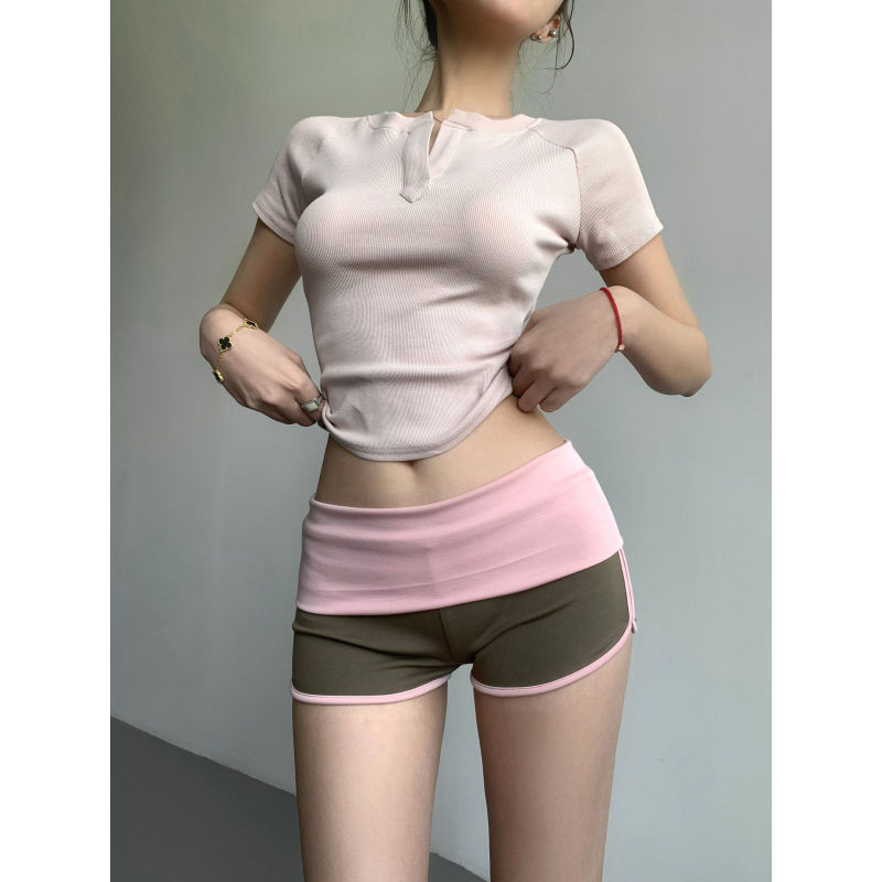 American-Style Spicy Girl High-Waisted Tight-Fitting Hot Pants for Women, New Summer Sports Yoga Shorts, Fitness Color-Blocked Leggings, Three-Quarter Length Shorts