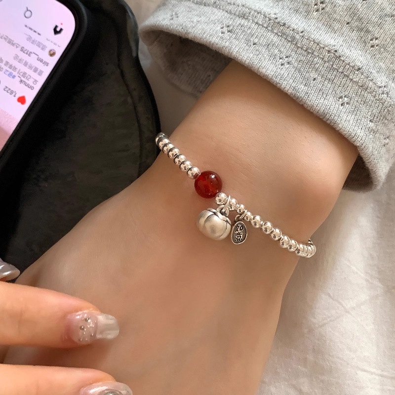 S925 Sterling Silver Persimmon Red Agate Bracelet for Women, New Chinese Style, High-End Vintage Craftsmanship, Versatile Round Bead Jewelry