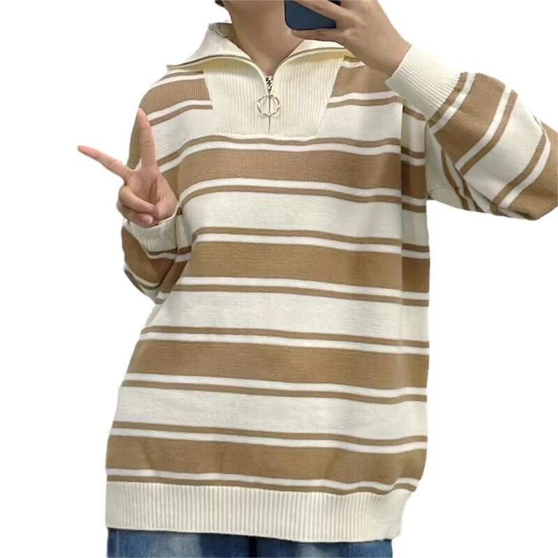 2026 Autumn New Women's Sweater with Contrasting Stripes, Turn-down Collar, Zipper, Loose Fit, Versatile, Casual Pullover