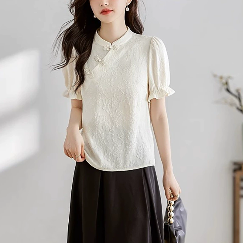 Сетка Новая китайская пуговица улучшенная рубашка Cheongsam Женская 2024 летняя новая шикарная рубашка с короткими рукавами