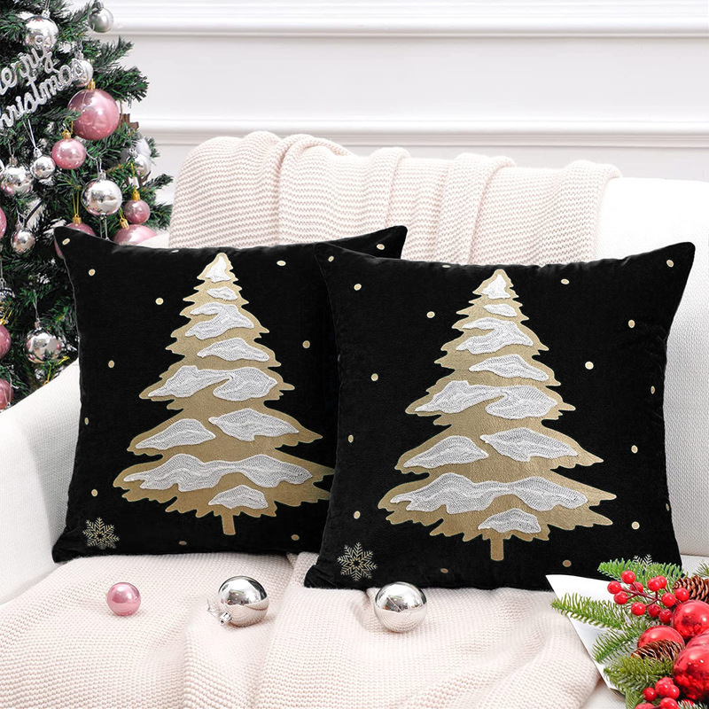 ヘラジカのクリスマスツリーブロンズ枕カバー、秋冬スノーフレーク刺繍クッションカバー45*45、クロスボーダーホットセール|undefined