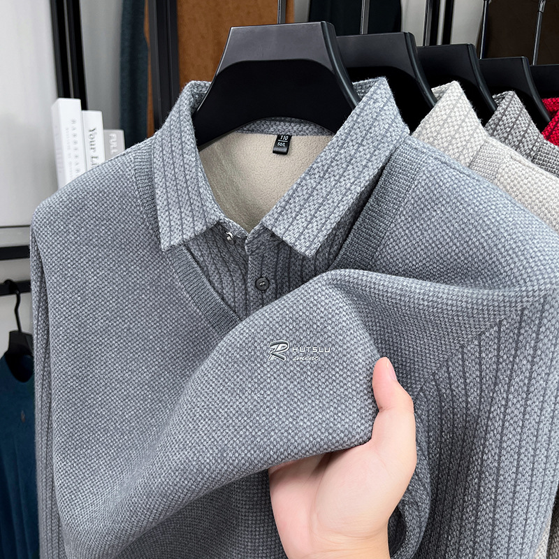 Cross-border autumn and winter fleece-lined thickened faux two-piece fashion striped turn-down collar base shirt for middle-aged dads, warm POLO shirt