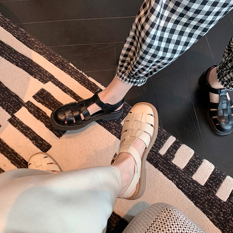 2024 verano nuevo estilo sandalias romanas retro tejido Baotou tacón grueso plataforma retro sandalias romanas planas mujeres