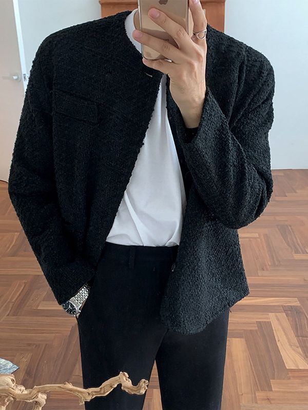 Chanel estilo de los hombres sueltos casual sin cuello chaqueta primavera y otoño estilo coreano de moda Delgado cuello redondo de manga larga chaqueta de los hombres
