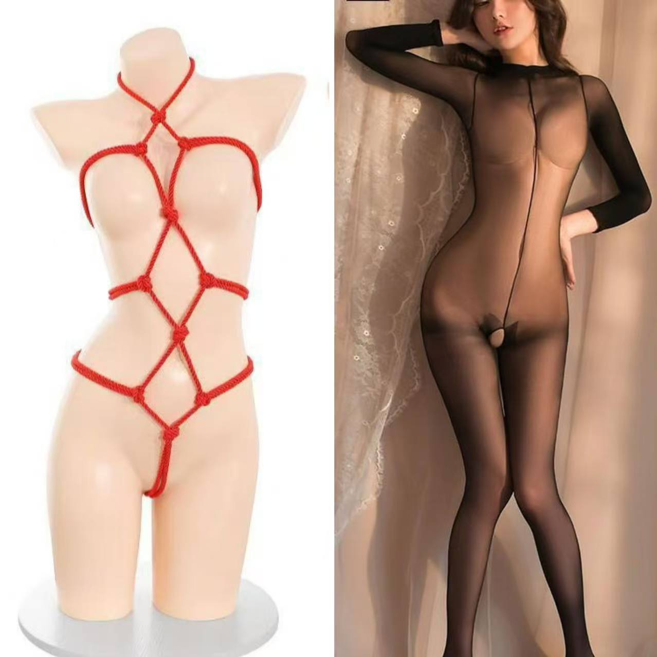 Open-Crotch Mesh Lingerie Set with Bondage Rope Detail, See-Through Polyester, One Size — detail image 5