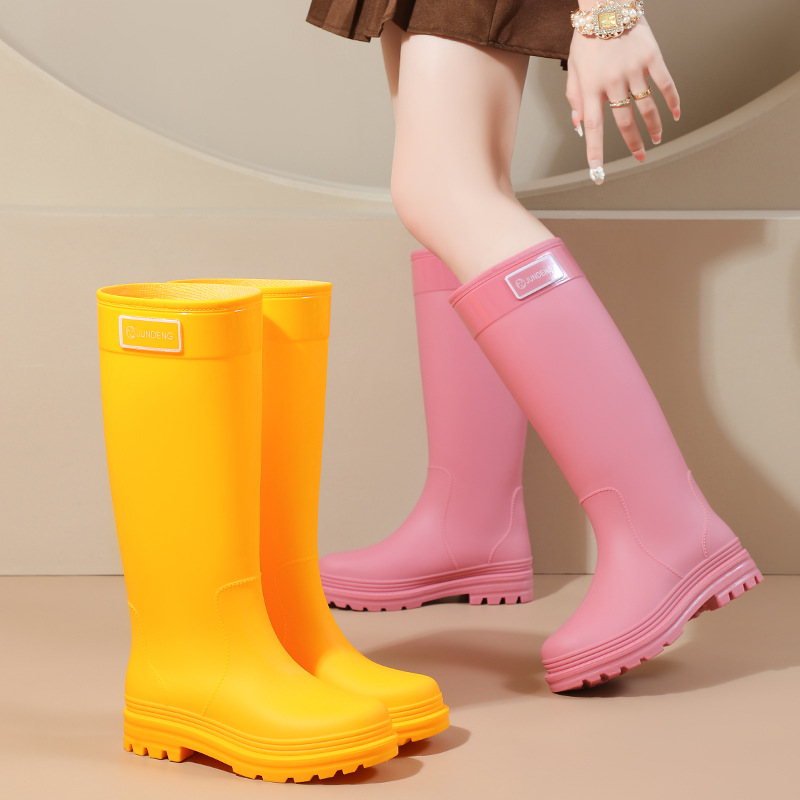 Military-Style High-Top Women's Rain Boots in Orange-Yellow Color, "Cross-Border Fashion Rain Boots," Hiking Non-Slip Boots, Black Water-Resistant Boots