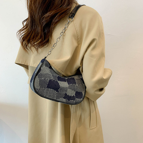 Denim bags for women  popular new trendy fashion casual simple baguette bag chain retro portable shoulder bag
