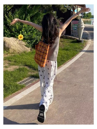 American Retro Loose Straight Leg Sports Pants for Women with Full Print Dog Paw Polka Dot Ground-Long White Pants