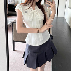 原版面料白色蝴蝶结绑带掐腰显瘦正肩短袖T恤女装夏季甜美风上衣
