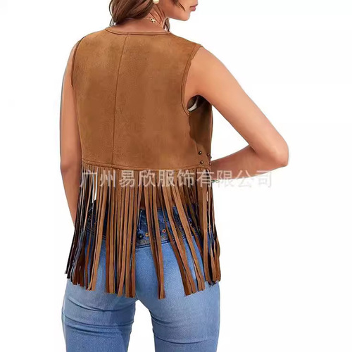 Embroidered Pouch Heart Women's Faux Deer Skin Front Opening Retro Tank Top 70s Bohemian Western Jacket