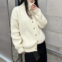 韩系高领纽扣慵懒风毛衣外套女秋冬新款设计感宽松百搭针织上衣女
