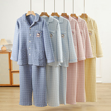 新款三层夹棉空气层可爱刺绣长袖长裤情侣家居服套装批发 代发