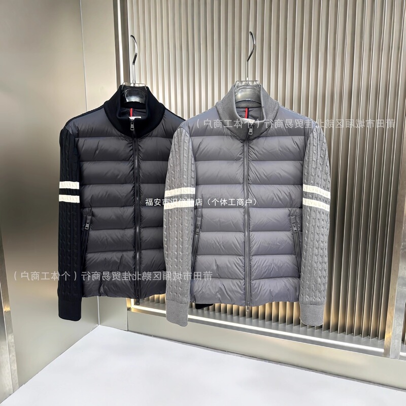Padded Corduroy down Jacket with Knitted Sleeves for Men and Women, Stand Collar, Zipper, Striped Wool Patchwork Jacket