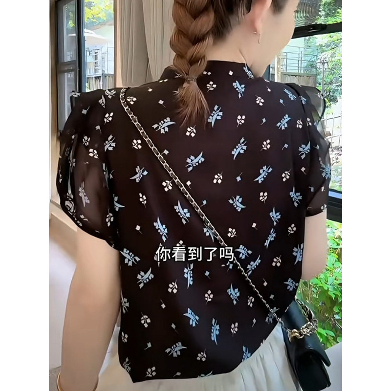 2025夏季新款洋气印花宽松显瘦百搭立领荷叶边拼接爆款短袖衬衫女|undefined