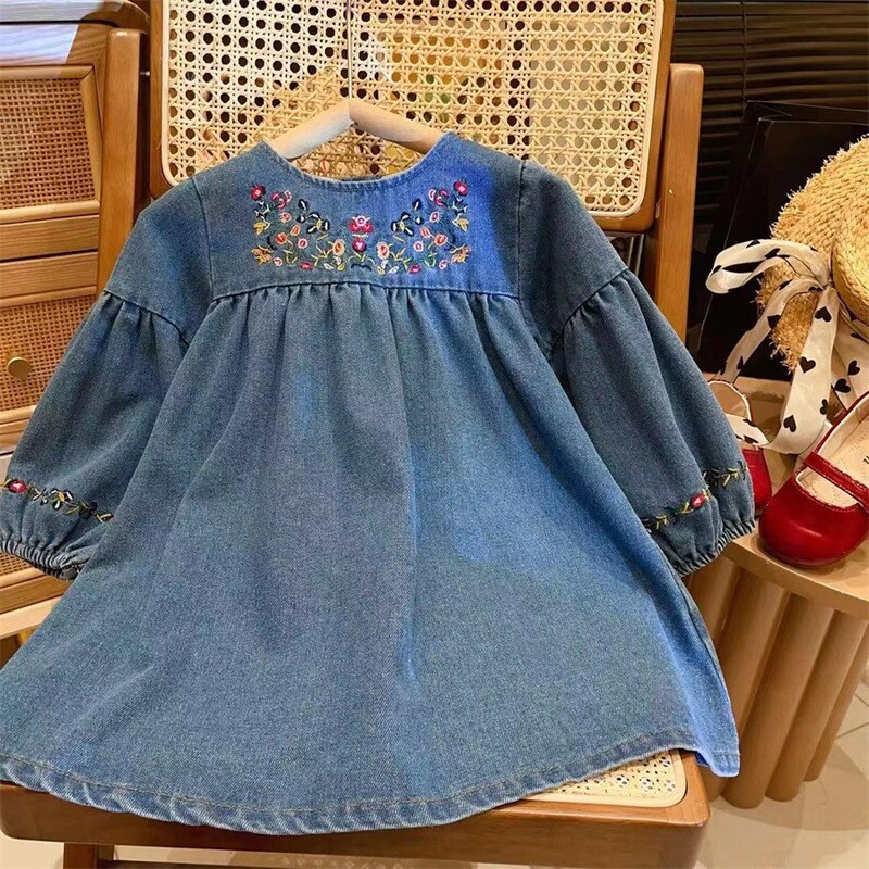新着女の子ドレス 2025 新しい花柄子供服ベビーかわいいデニム長袖花柄スカートデニムスカート|undefined