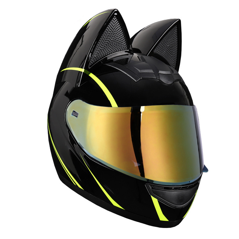 Casco de motocicleta eléctrica HNJ, casco integral con oreja de gato certificado 3C para mujer, verano, se puede equipar con auriculares Bluetooth, casco integral para motocicleta