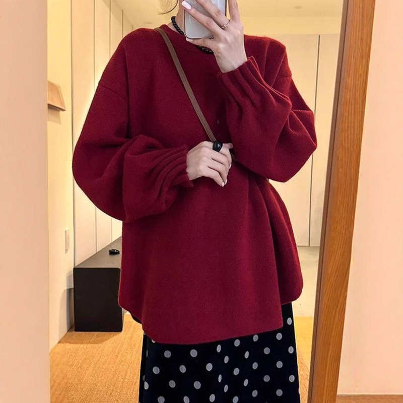 韩系设计感毛衣女新款灯笼袖圆领套头宽松慵懒中长款秋冬针织衫潮|undefined