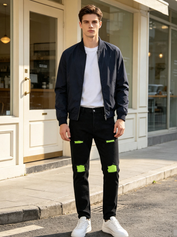 Jeans Rasgados Elásticos para Hombre en Mezclilla de Algodón, Corte Ajustado, Bloques de Color, para Uso Casual