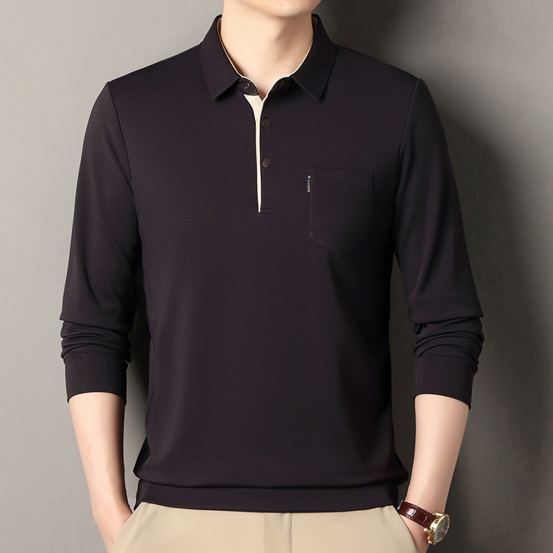Autumn New Men's Long-Sleeve Polo Shirt with Real Pockets, Middle-Aged Simple Versatile Loose Business Casual Turn-Down Collar T-Shirt