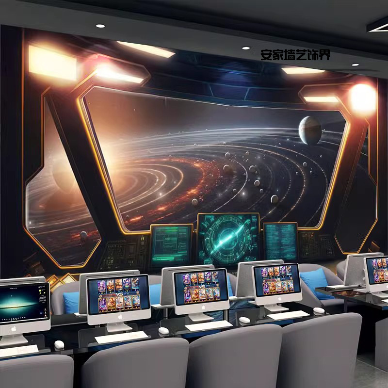 星空主题壁纸太空舱宇宙壁布科技感网吧装饰画银河系行星背景墙纸|undefined