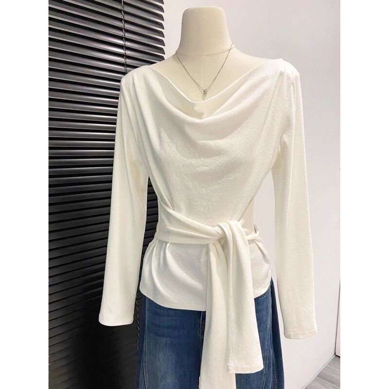 French-Style Draped Collar Tie-Waist Long-Sleeve T-Shirt for Women, 2026 Autumn New High-End Slim-Fit Base Shirt Top