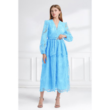 优雅跨境外贸2025秋季高级重工V领双层蛋糕裙收腰长款蕾丝连衣裙