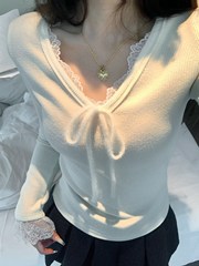 蕾丝拼接绑带v领针织衫女秋季修身打底衫设计感纯欲杏色长袖上衣